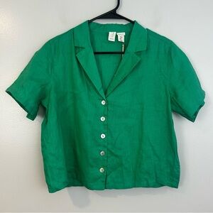 NWT Joie 100% Linen Green Short Sleeve Button Down Cropped Top/Blouse Size Small